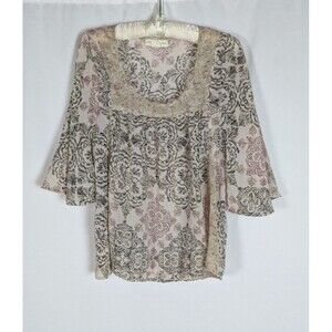 Staring at Stars Blouse S Womens Cream Paisley Scoop Neck 3/4 Bell Sleeves Sheer